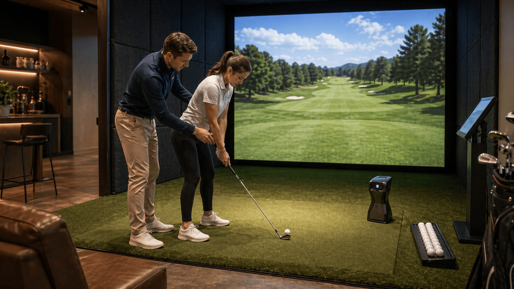 Golf coach helping a beginner aim toward an indoor simulator screen
